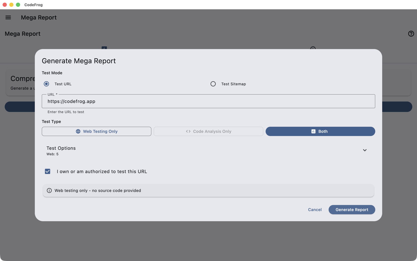 Mega Report generate screen